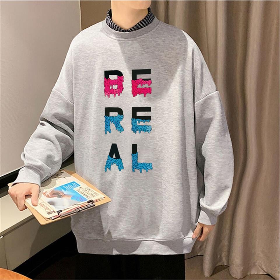 Be Real Baskılı Gri Unisex Oversize Bisiklet Yaka Sweatshirt