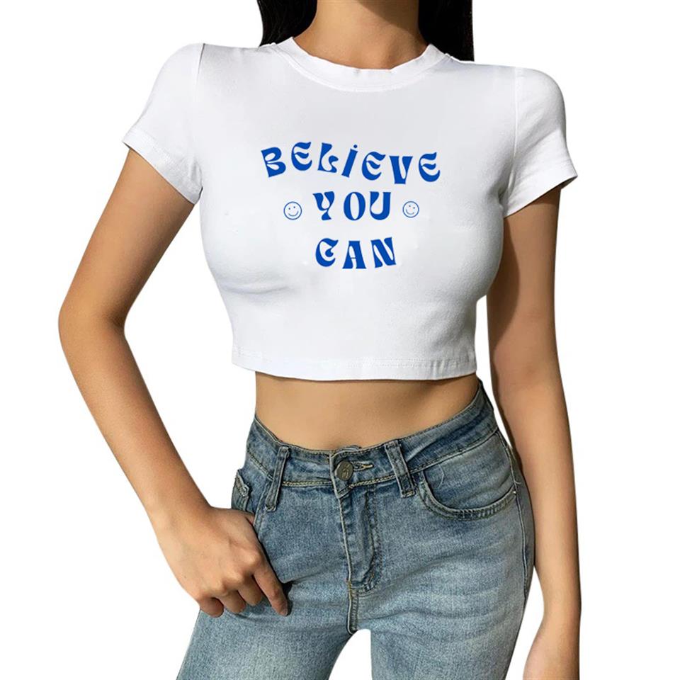 'Believe You Can' Baskılı Beyaz Crop