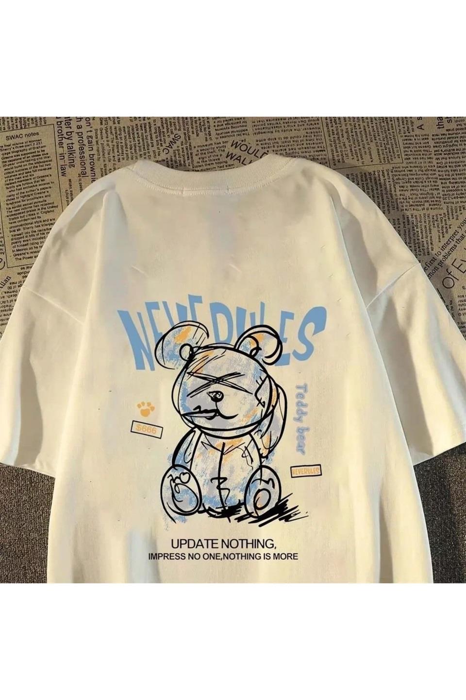 Beyaz Cartoon Bear Baskılı Oversize T-Shirt