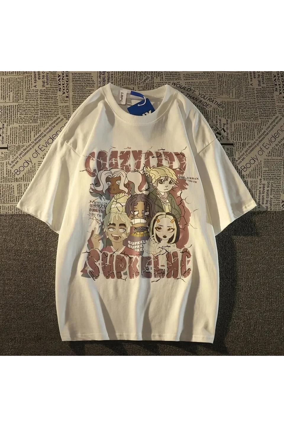 Beyaz Crazycıty Baskılı Oversize T-Shirt