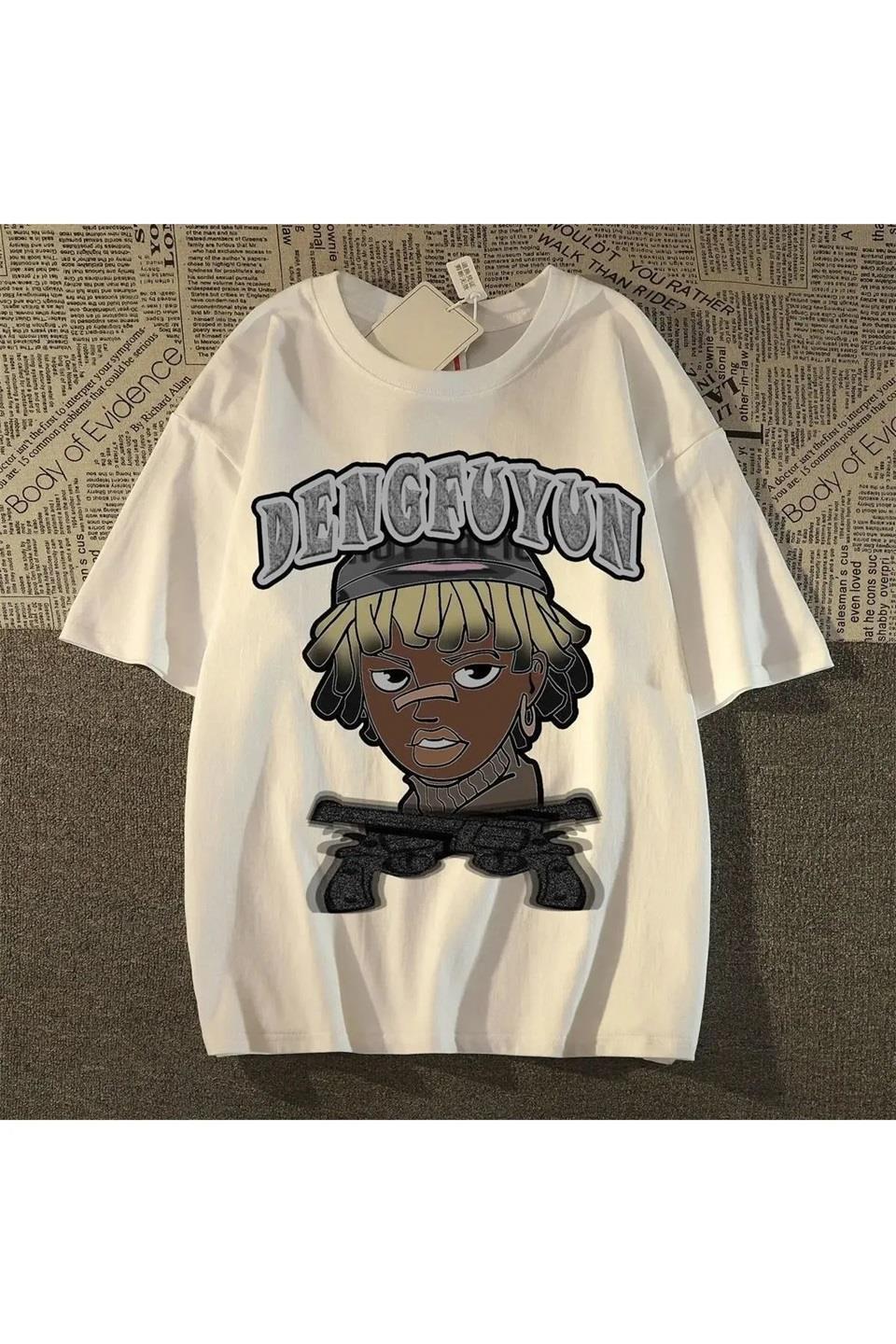 Beyaz Dengfuyun Hip Hop Baskılı Oversize T-Shirt