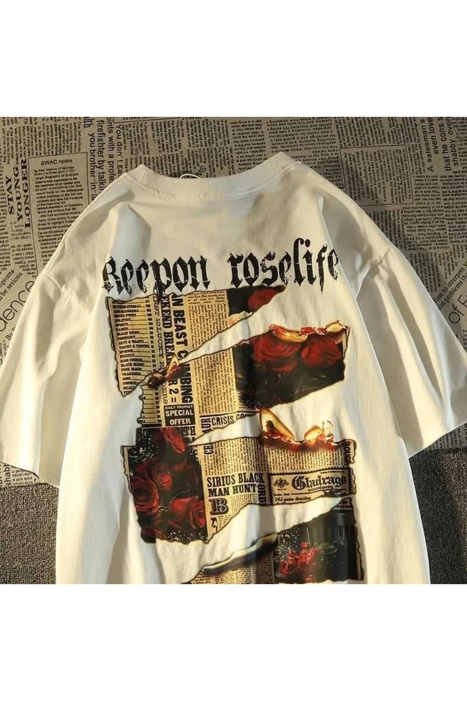 Beyaz RoseLife Baskılı Oversize T-Shirt