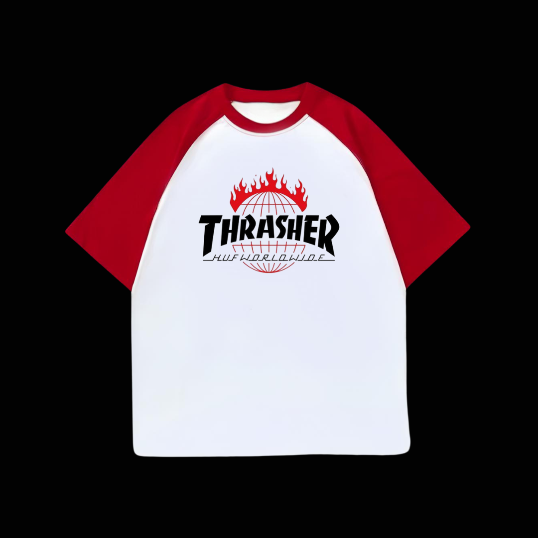 Beyaz Unisex Kırmızı Reglan Thresher T-Shirt