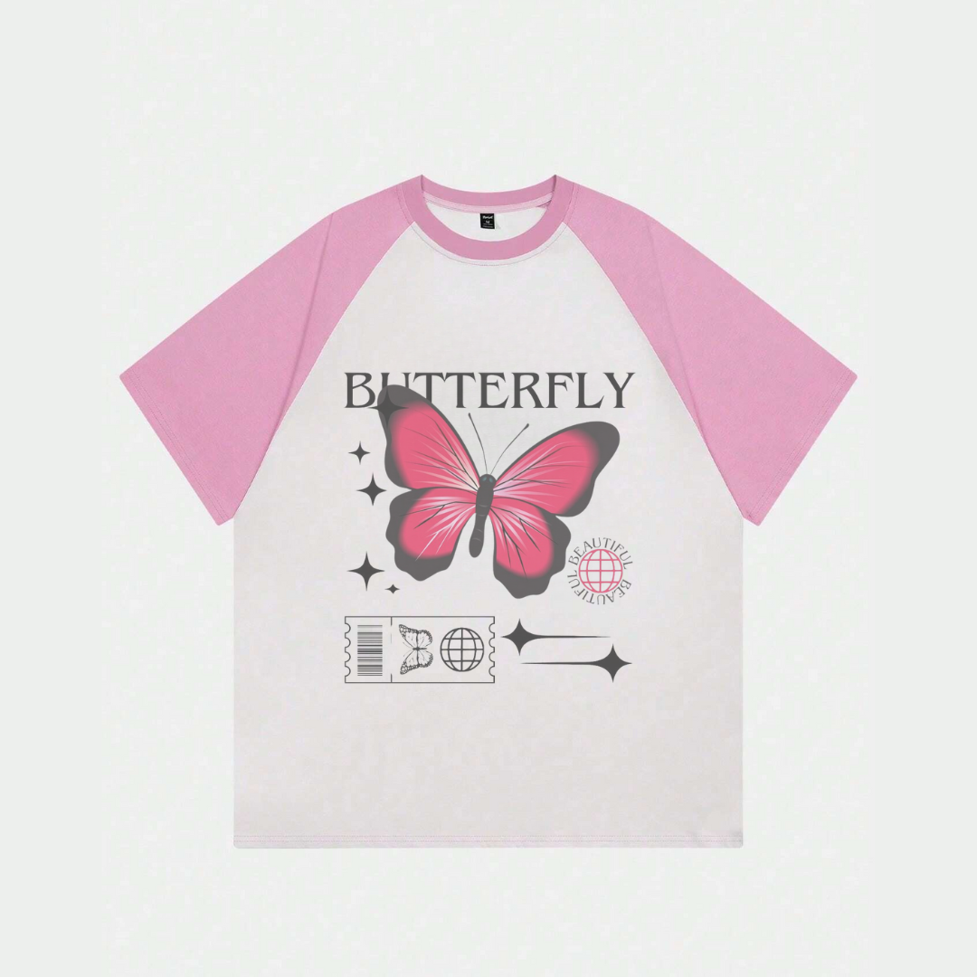 Beyaz Unisex Pembe Reglan Butterfly T-Shirt
