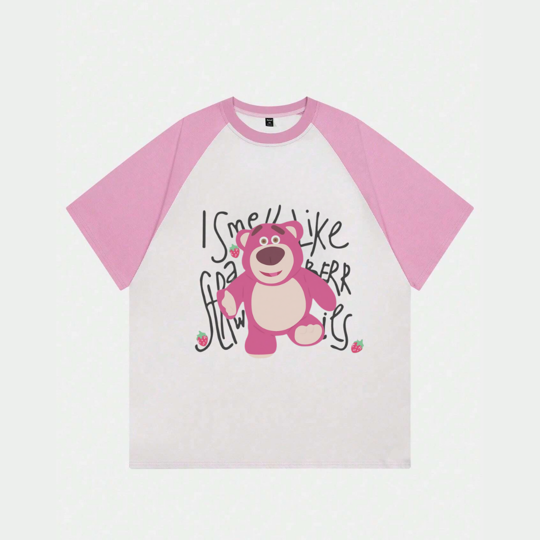 Beyaz Unisex Pembe Reglan Cute Bear T-Shirt