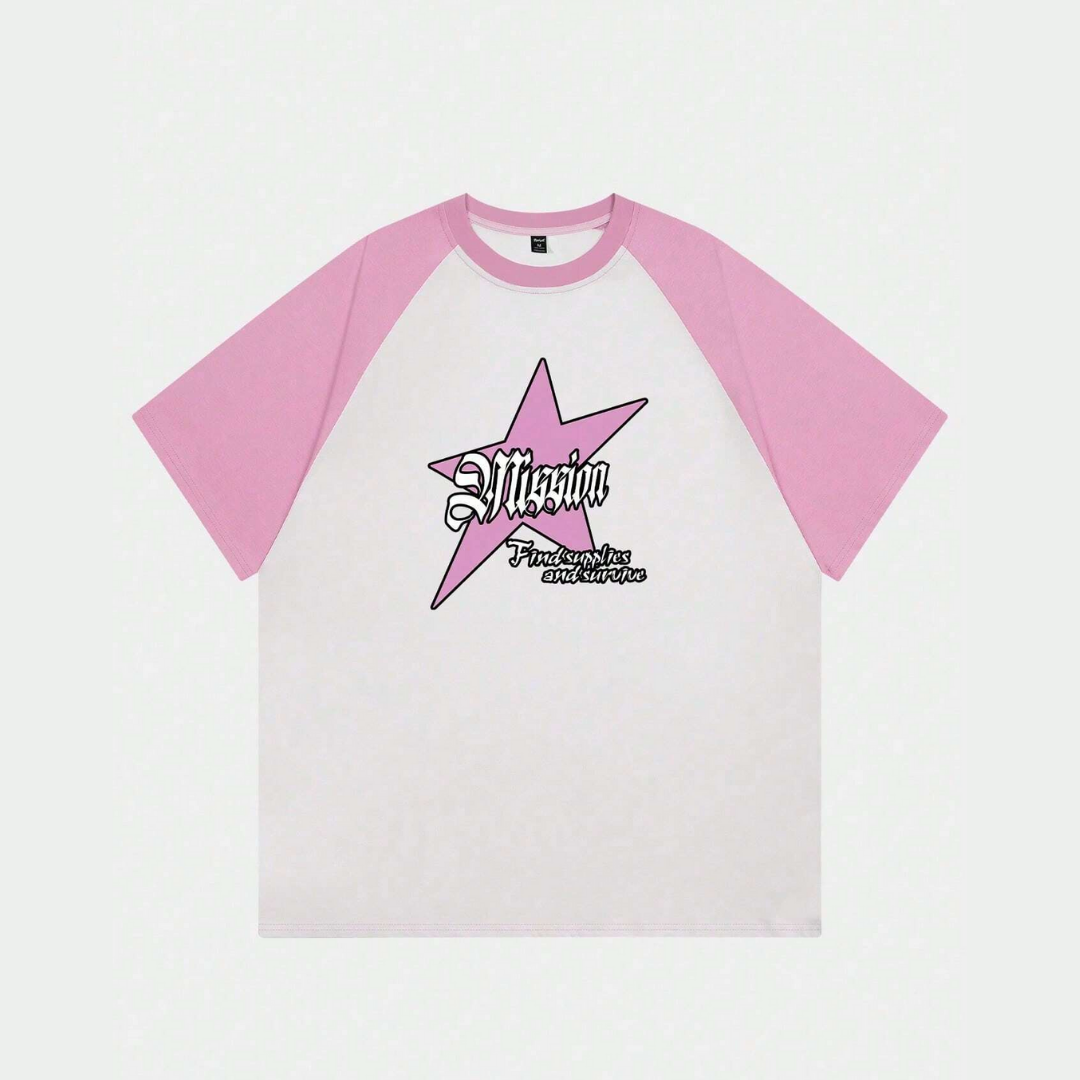 Beyaz Unisex Pembe Reglan Mission Star T-Shirt