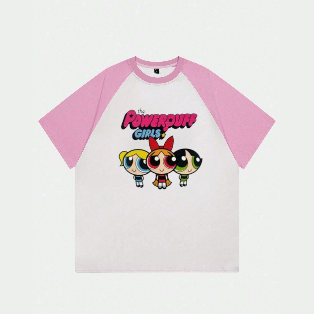 Beyaz Unisex Pembe Reglan PowerPuff Girl T-Shirt