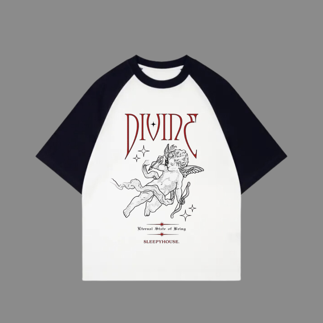 Beyaz Unisex Siyah Reglan Divinc Valentine's T-Shirt