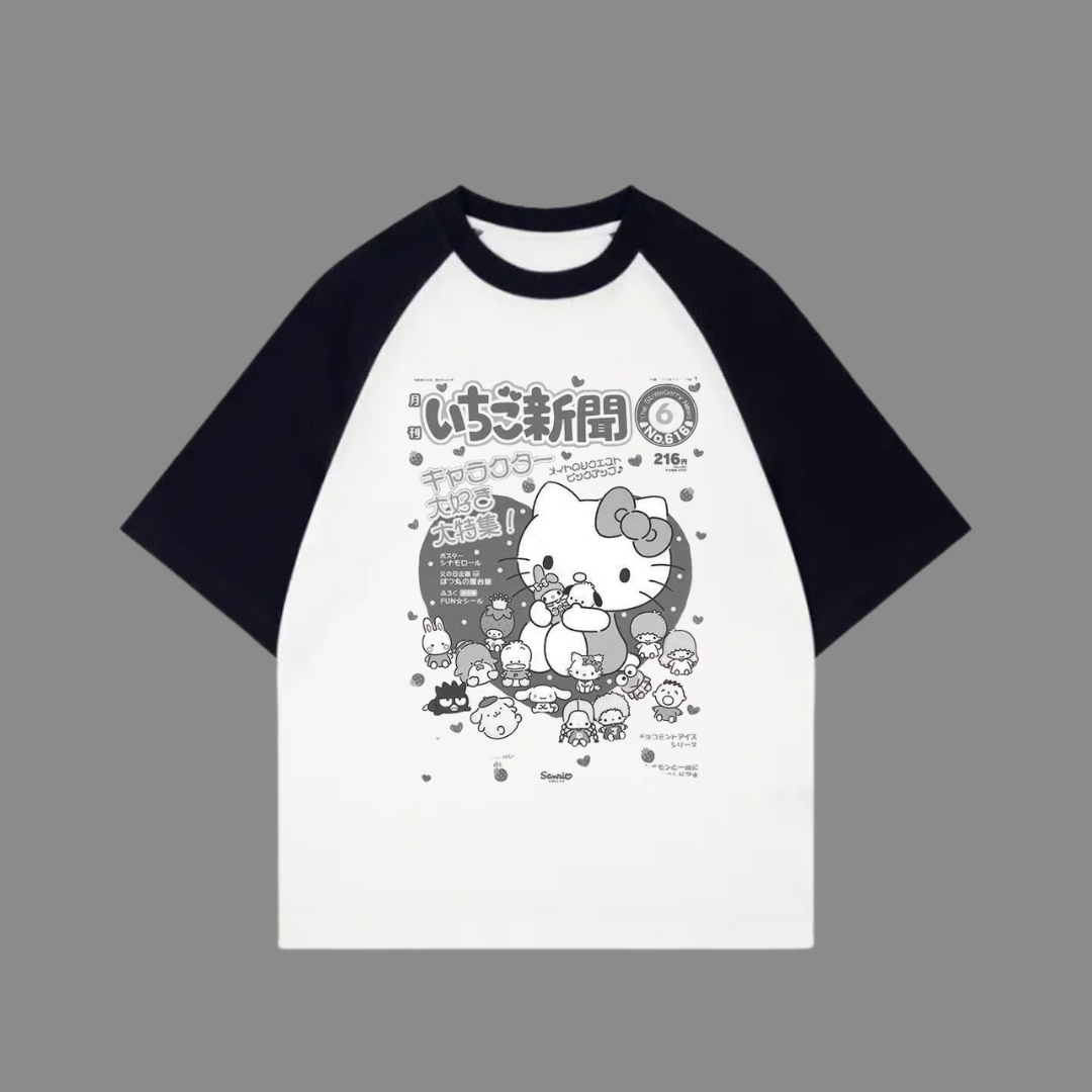 Beyaz Unisex Siyah Reglan Kitty T-Shirt
