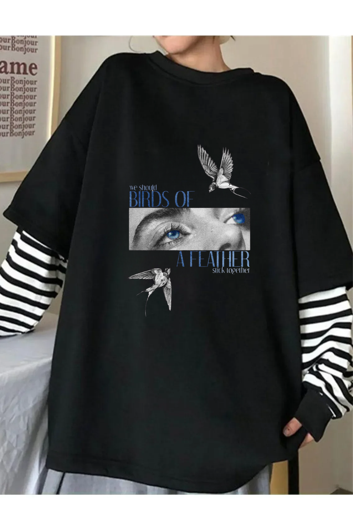 Billie Elish Baskılı Unisex Fake Uzun Kollu Siyah T-Shirt