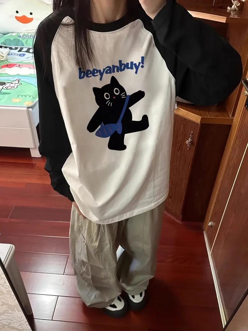 Black Cat Reglan Uzun Kollu Baskılı Beyaz T-Shirt