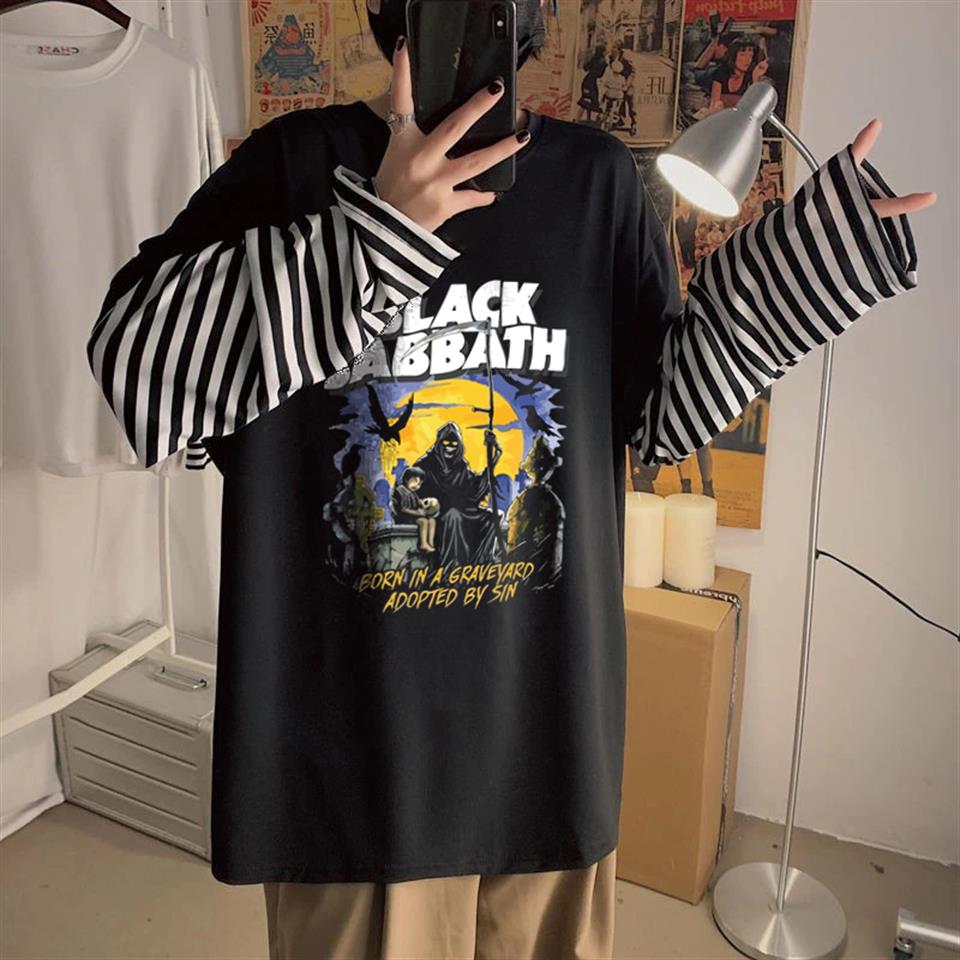 Black Sabbath Baskılı Fake Sleeves Unisex Siyah T-shirt | Uzun Kollu