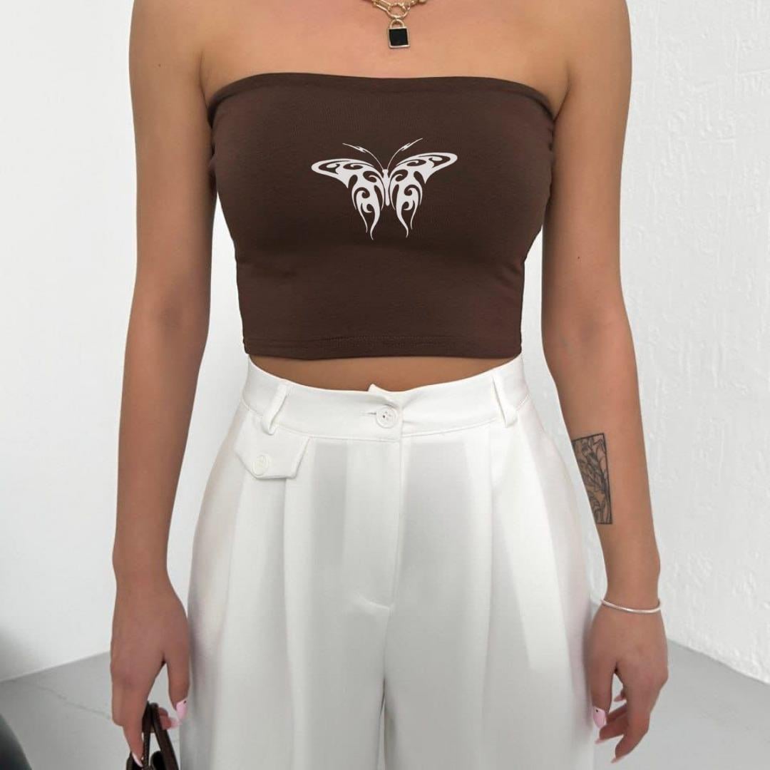 Butterfly Baskılı Likralı Pamuklu Penye Straplez 