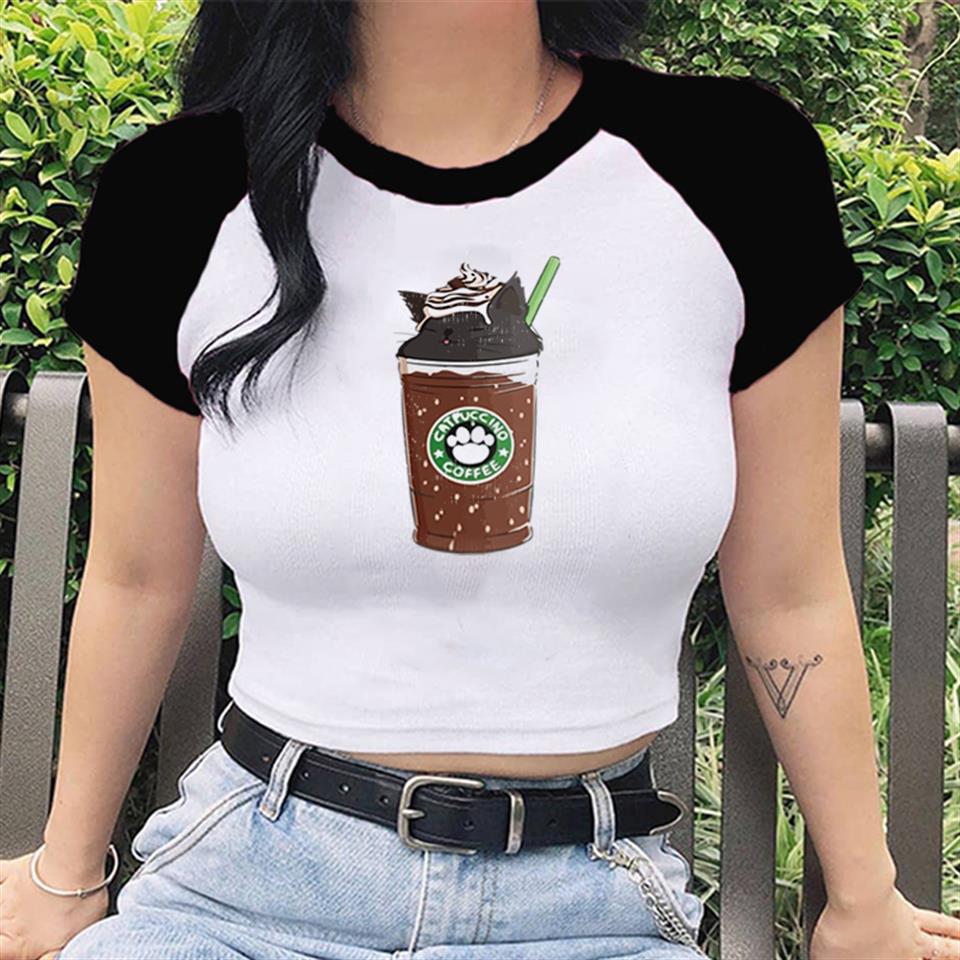 Cat'puccino Coffee Baskılı Reglan Kol Beyaz Crop