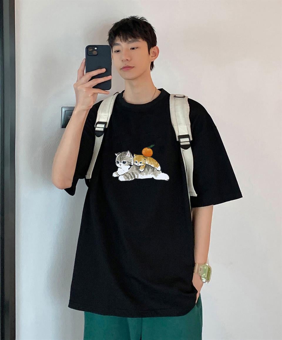 Cats & Orange Siyah Unisex Oversize T-shirt