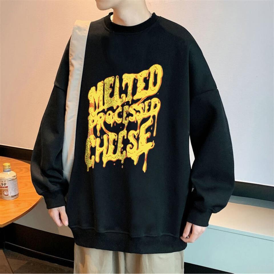 Cheese Baskılı Siyah Unisex Oversize Bisiklet Yaka Sweatshirt