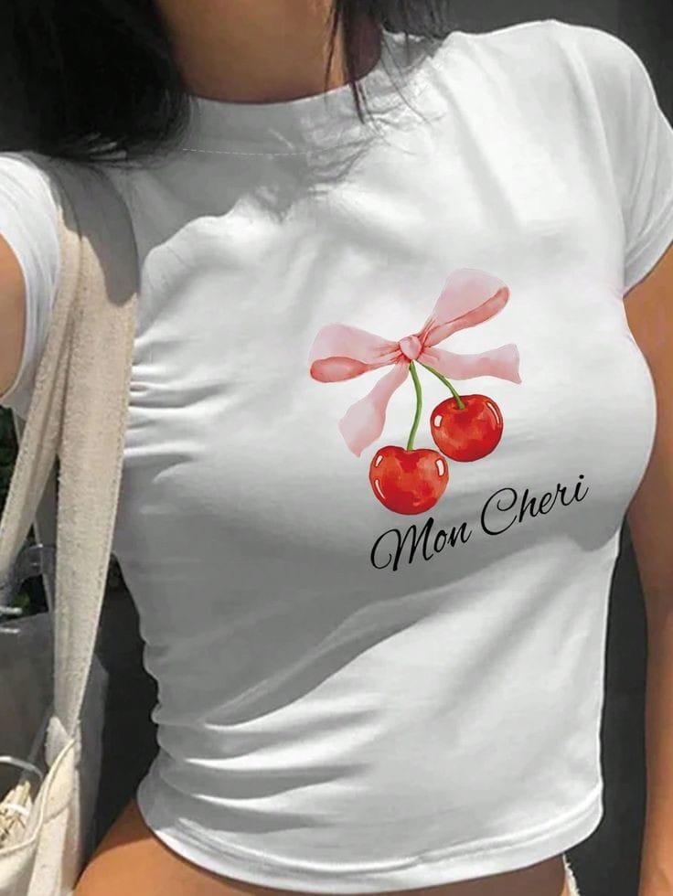 Cherry Kurdele Baskılı Crop Bluz