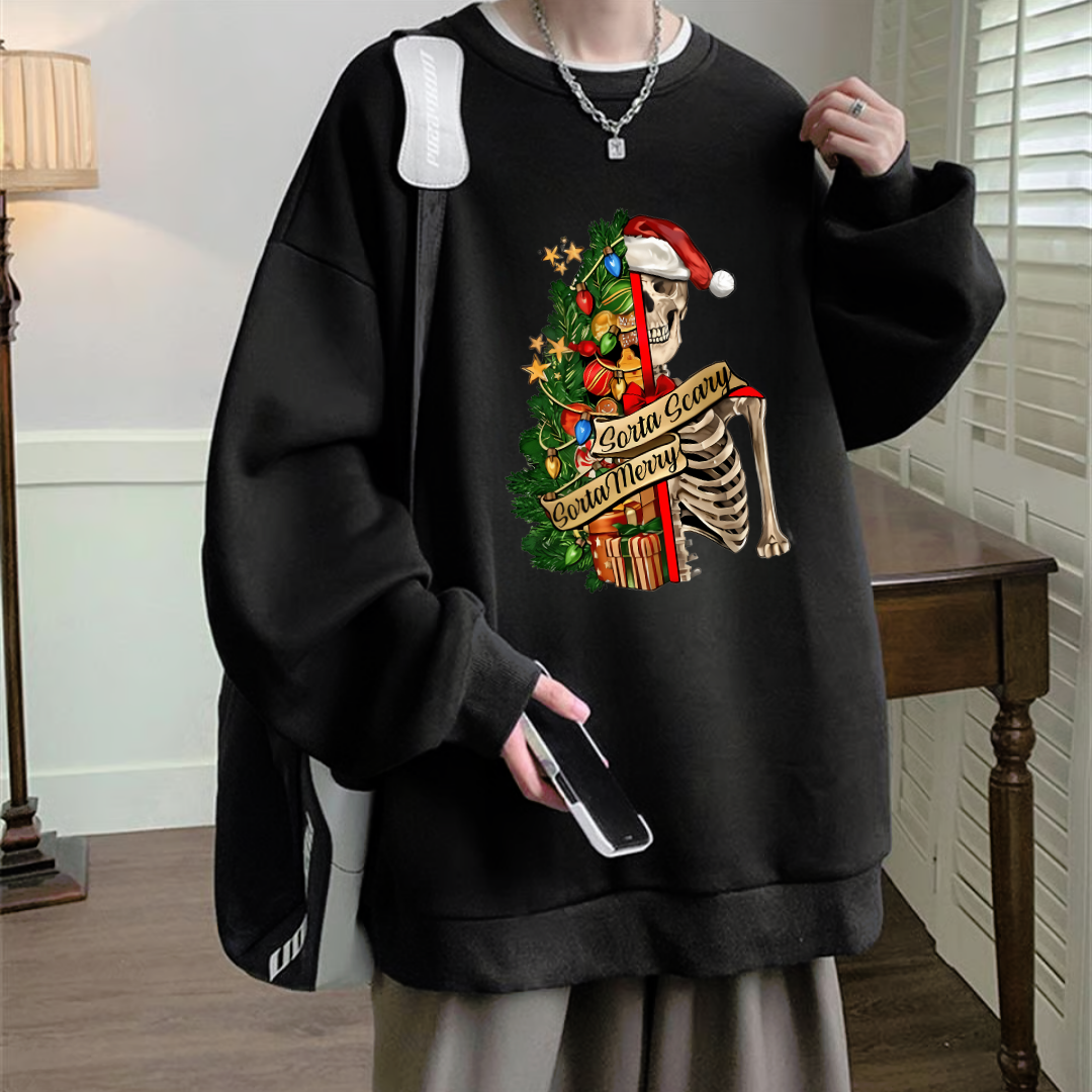 Christmas Tree Baskılı Siyah Unisex Oversize Bisiklet Yaka Sweatshirt