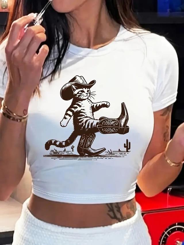 Çizmeli Kedi Baskılı Crop Top Bluz Body