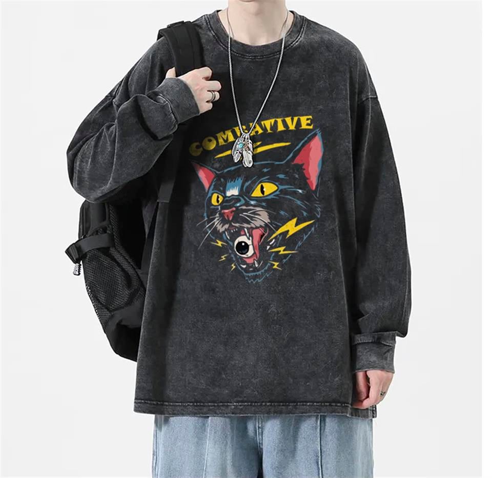 Combative Cat Baskılı Yıkamalı Vintage Unisex Oversize Bisiklet Yaka Sweatshirt
