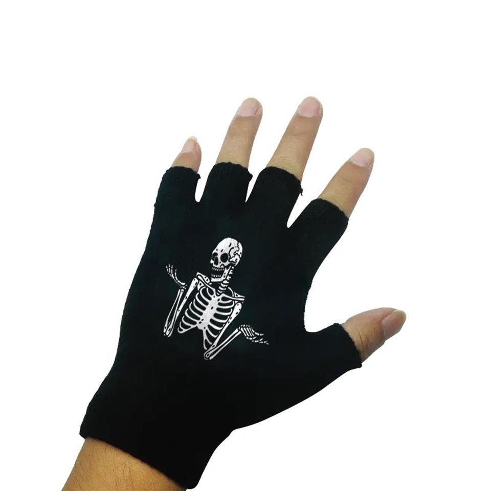 Confused Skeleton Baskılı Unisex Siyah Kesik Çift Eldiven