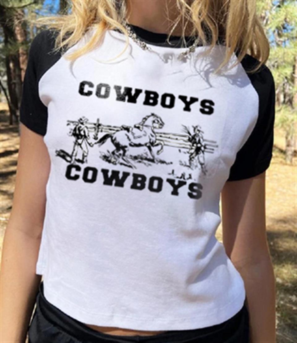 Cowboys Baskılı Reglan Kol Beyaz Crop