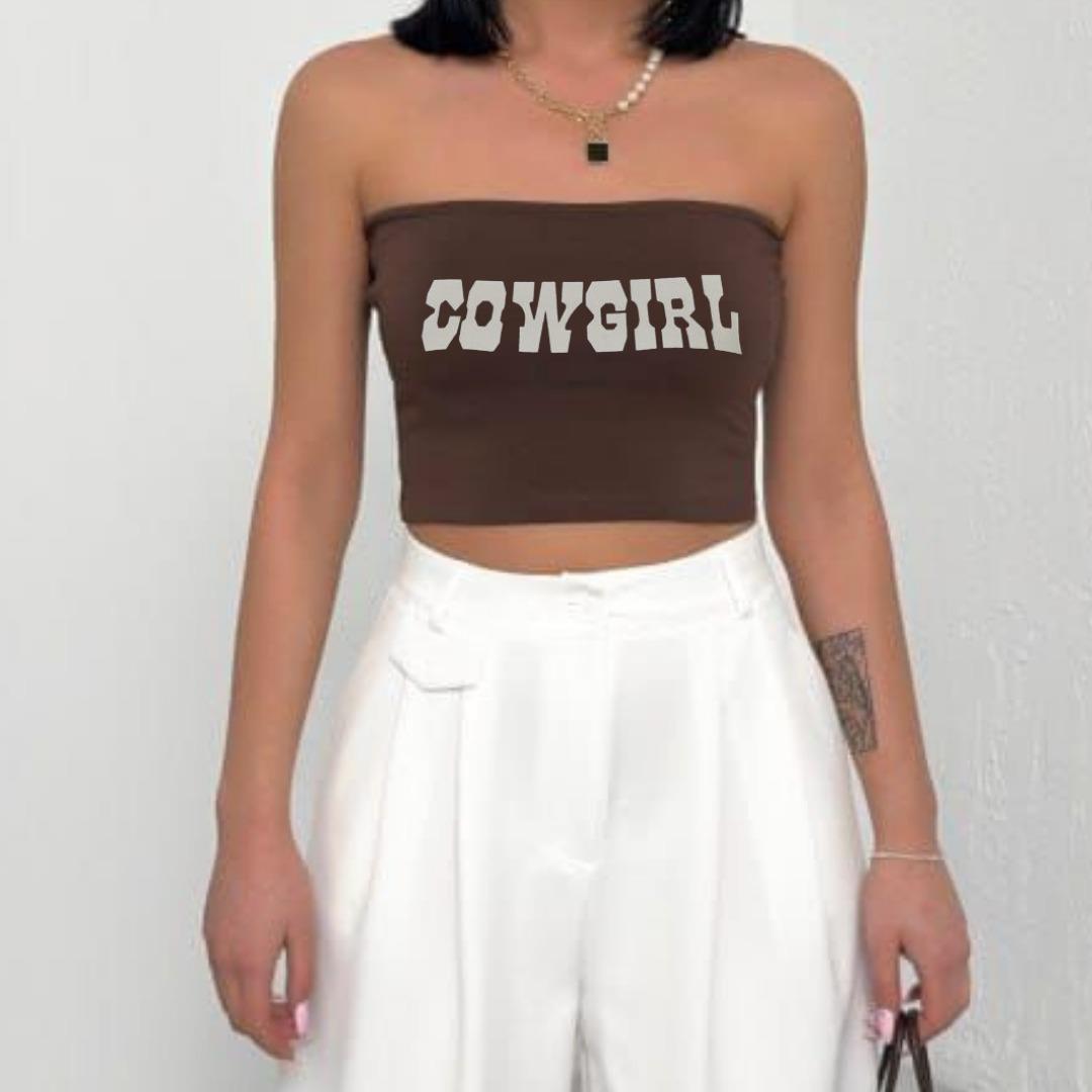 CowGirl Baskılı Likralı Pamuklu Penye Straplez 