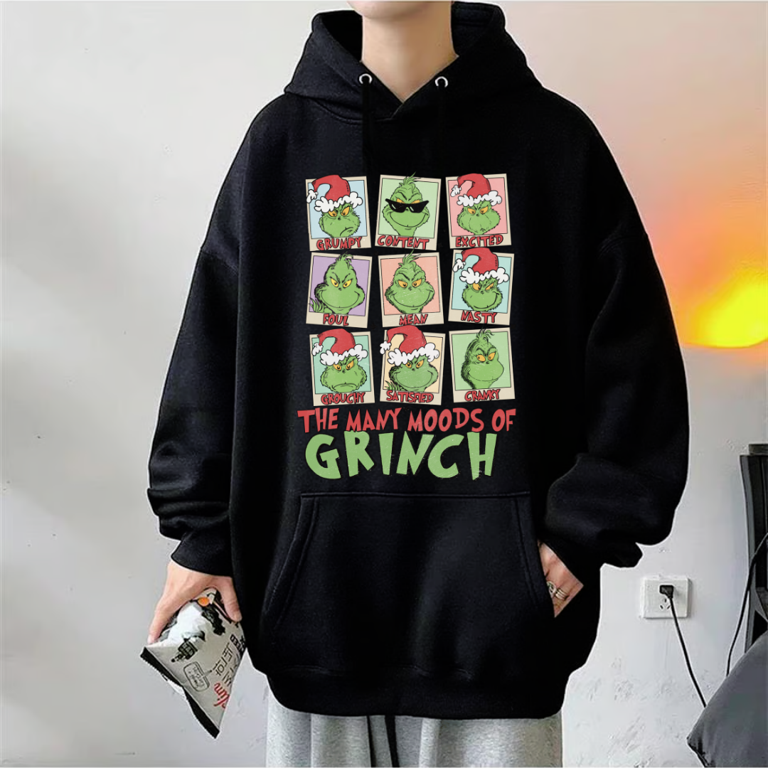 Crinch Christmas Baskılı Siyah Unisex Oversize Kapüşonlu Sweatshirt