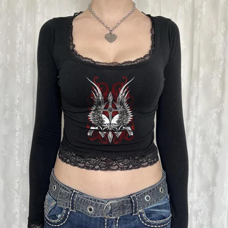 Cross In Wings Baskılı Dantel Lace Siyah Uzun Kol Bluz