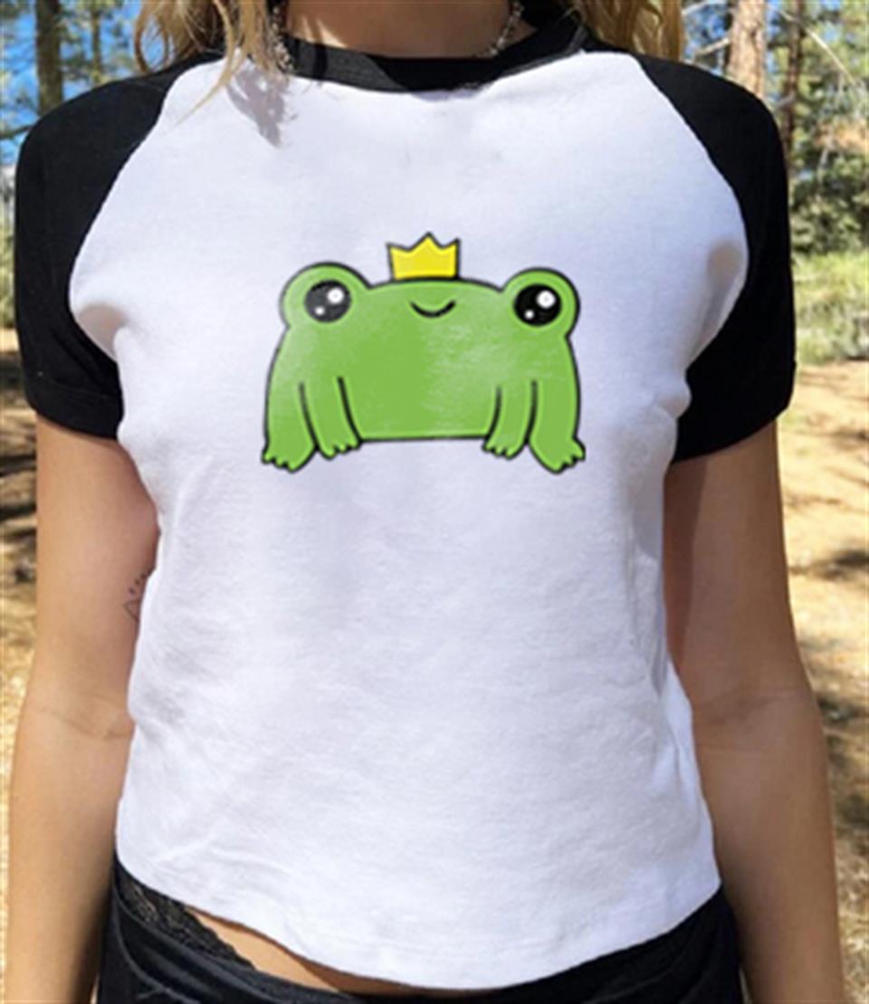 Crowned Frog Baskılı Reglan Kol Beyaz Crop