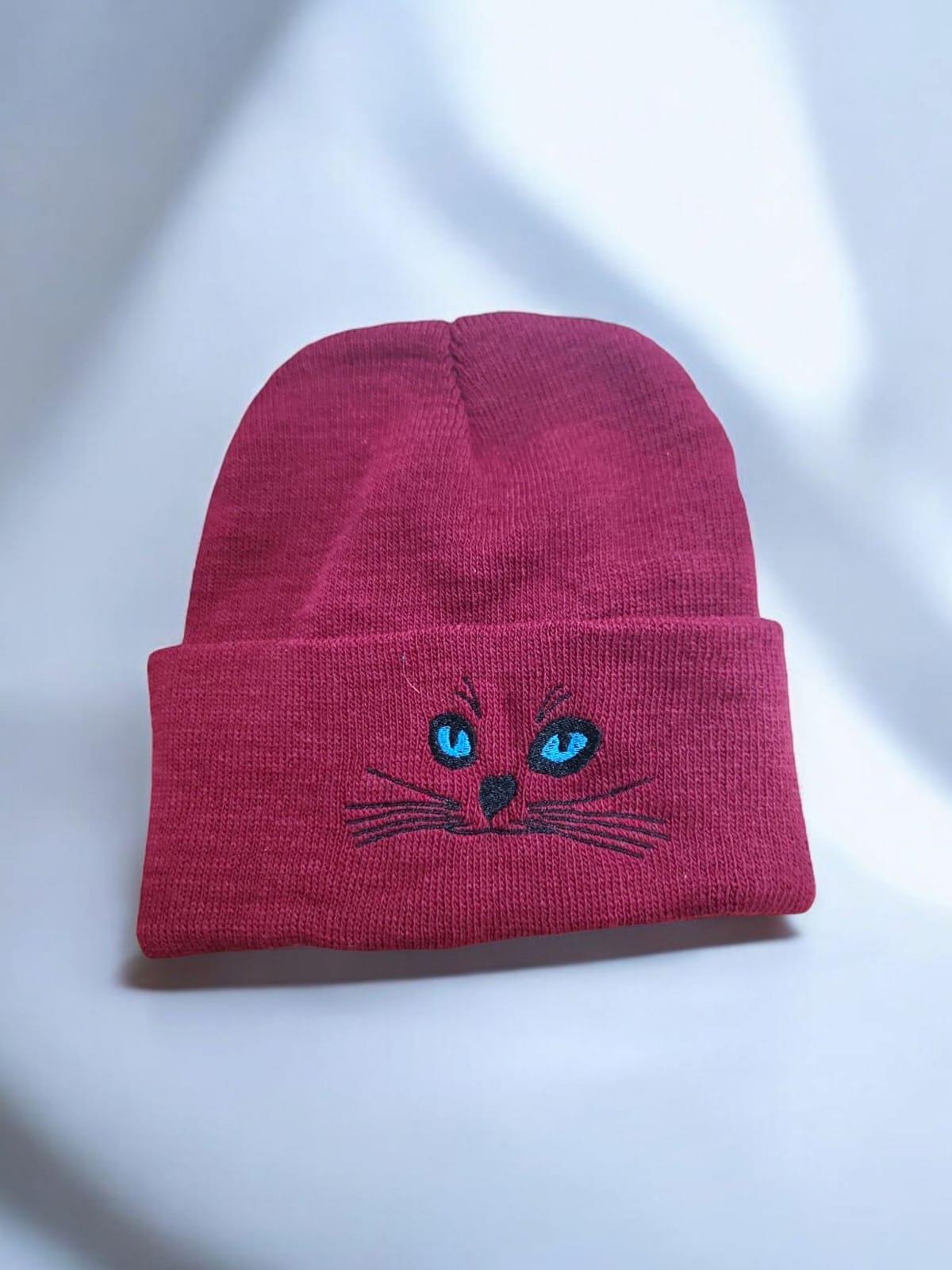 Cute Cat Nakış İşleme Bordo  Bere