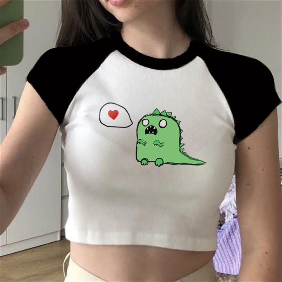 Cute Dino Baskılı Reglan Kol Beyaz Crop