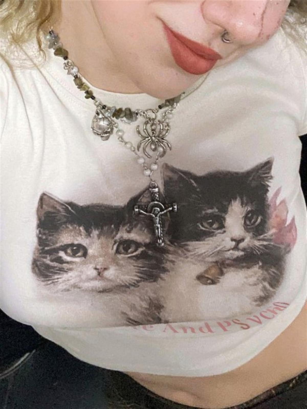 Cute Kitten Ribbed Baskılı Beyaz Crop 