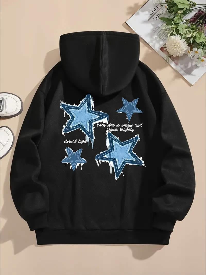 Denin Star Baskılı Siyah Kapşonlu Sweatshirt 