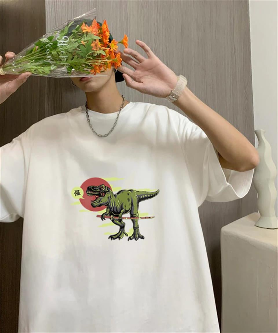 Dinosaur Baskılı Beyaz Unisex Oversize T-shirt