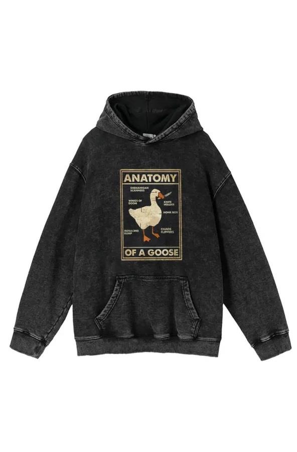 Duck Anatomy Baskılı Yıkamalı Vintage Unisex Oversize Kapüşonlu Sweatshirt