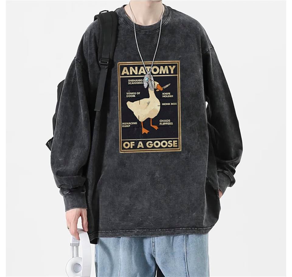 Duck Anatomy Baskılı Yıkamalı Vintage Unisex Oversize Bisiklet Yaka Sweatshirt
