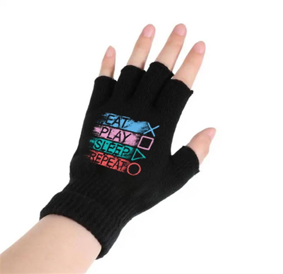 Eat Play Sleep Repeat Baskılı Unisex Siyah Kesik Çift Eldiven
