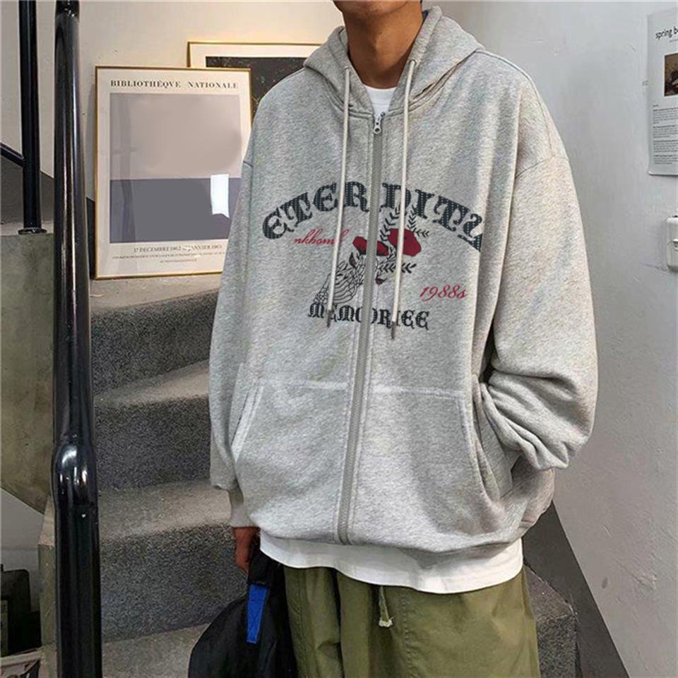 Eternity Baskılı Oversize Fermuarlı Gri Unisex Kapüşonlu Hırka