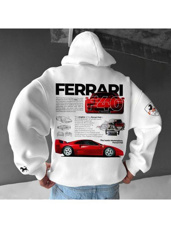 Ferrari Baskılı Beyaz Kapşonlu Sweatshirt 