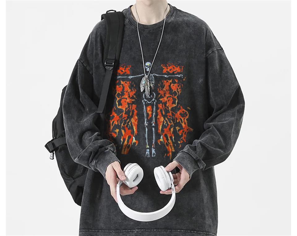 Flaming Skeleton Baskılı Yıkamalı Vintage Unisex Oversize Bisiklet Yaka Sweatshirt