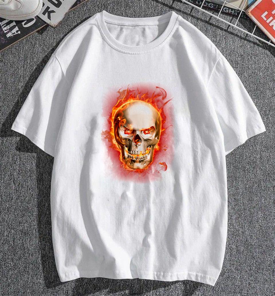 Flaming Skull Baskılı Beyaz Unisex Oversize T-shirt