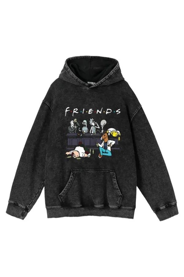 Friends Baskılı Yıkamalı Vintage Unisex Oversize Kapüşonlu Sweatshirt