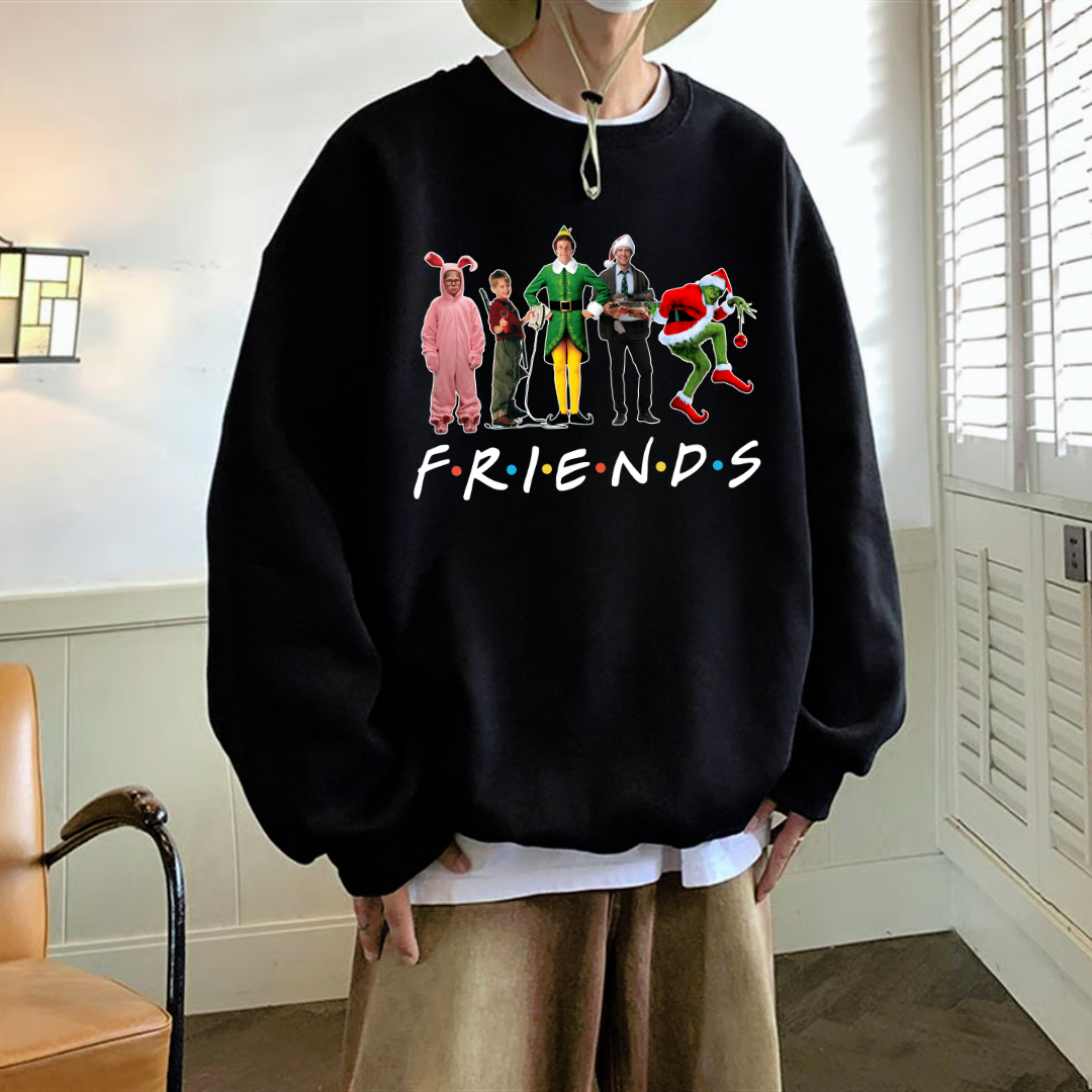 Friends Christmas Baskılı Siyah Unisex Oversize Bisiklet Yaka Sweatshirt