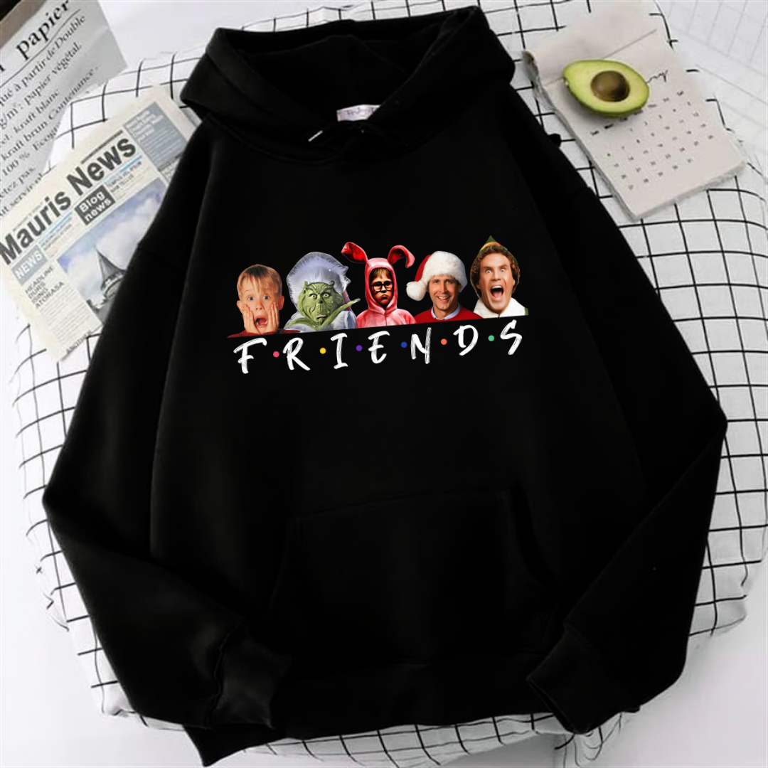 Friends Christmas Baskılı Siyah Unisex Oversize Kapüşonlu Sweatshirt