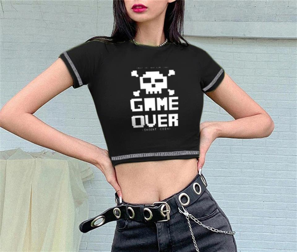 Game Over Baskılı Ters Dikiş Siyah Crop