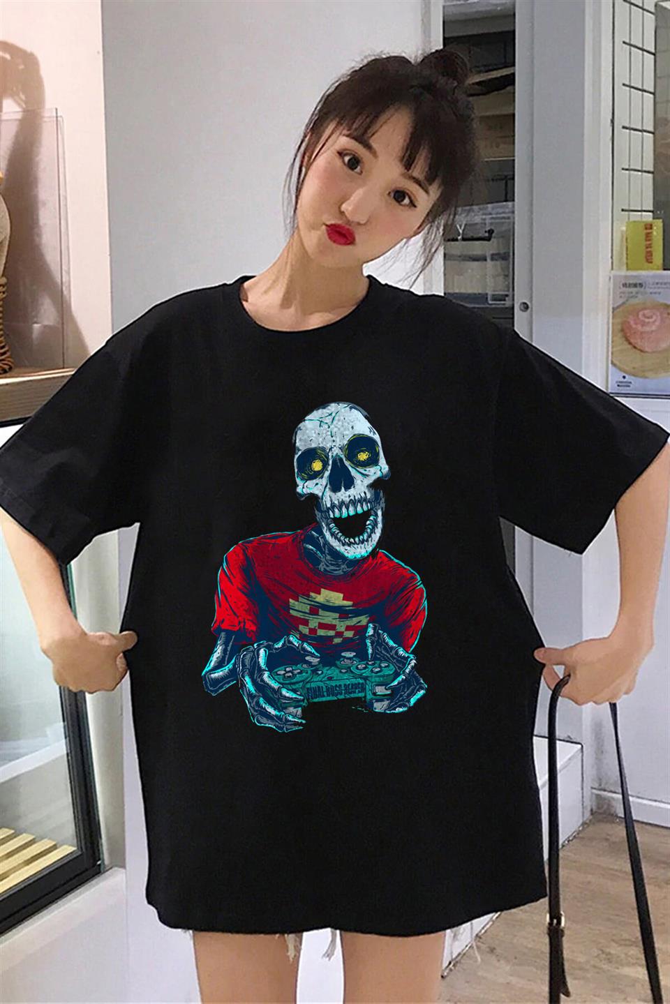 Gamer Skull Baskılı Siyah Unisex Oversize T-shirt
