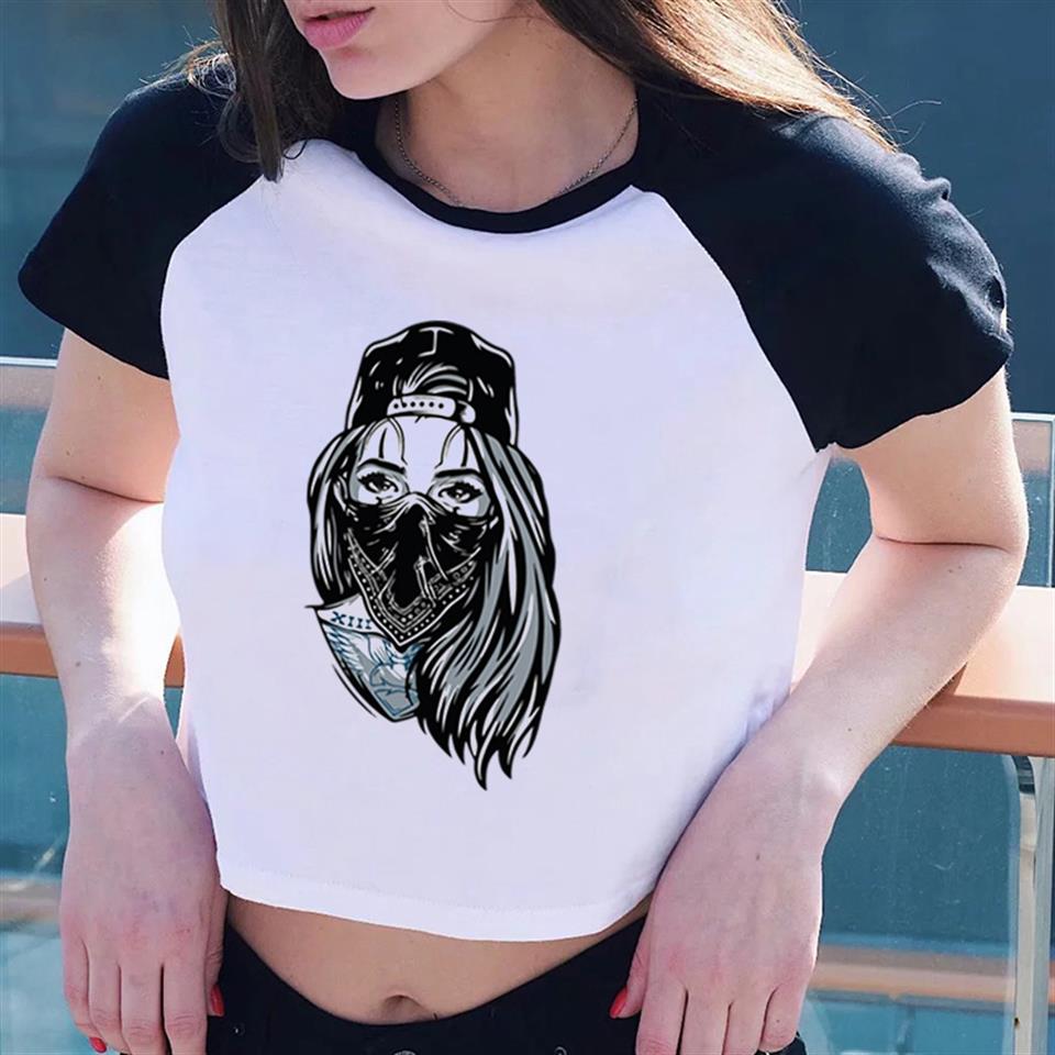 Gangster Girl Baskılı Reglan Kol Beyaz Crop