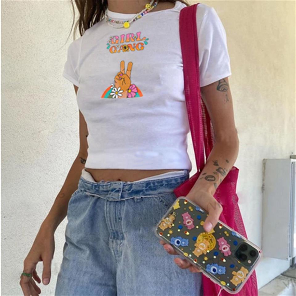 Girl Gang Baskılı Beyaz Crop