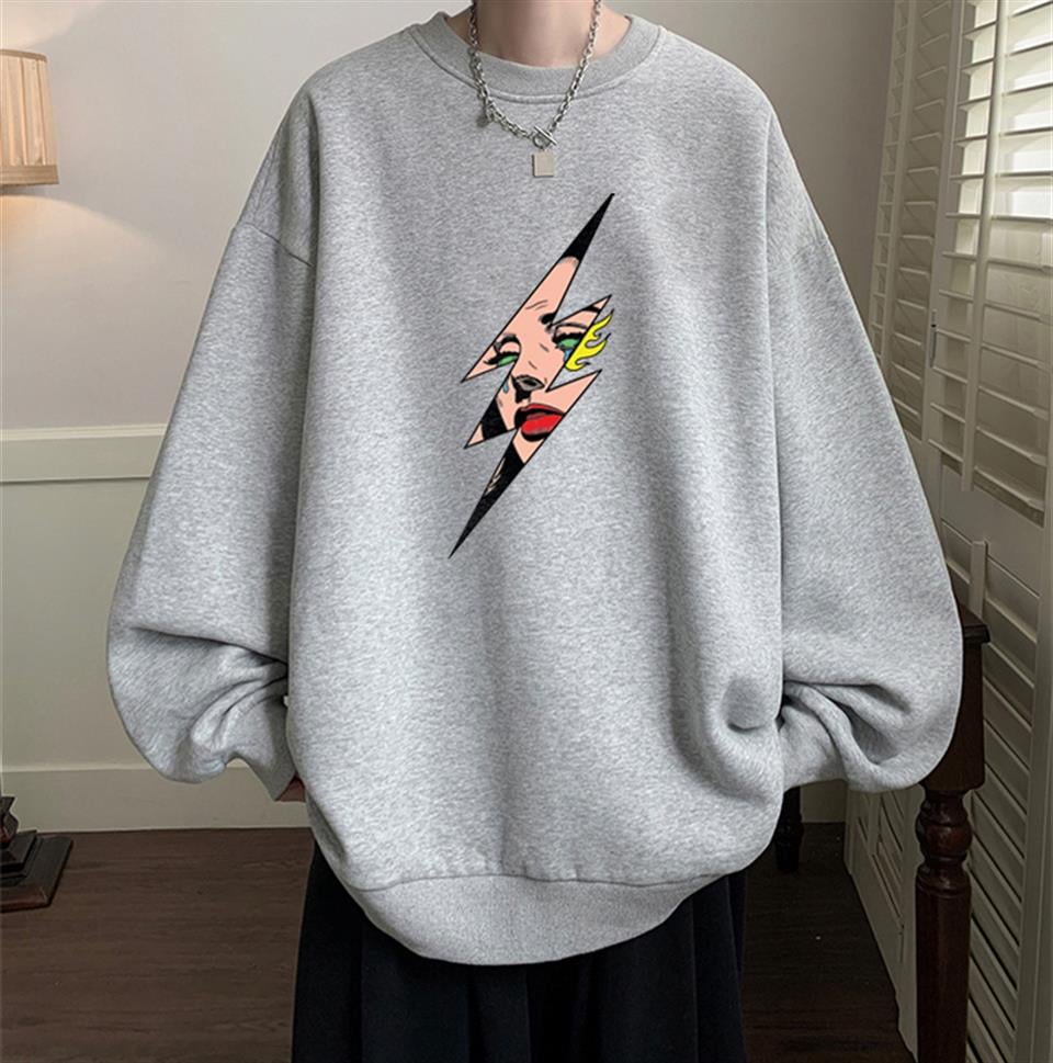 Girl In Lightning Baskılı Gri Unisex Oversize Bisiklet Yaka Sweatshirt